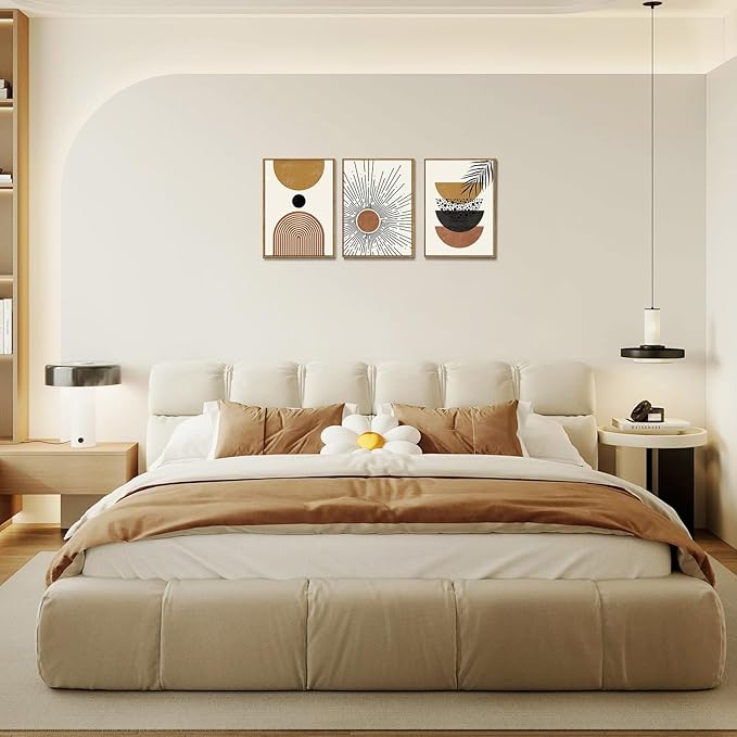 Bwodke Boho Wall Art, Framed Abstract Sun Wall Art, Neutral Canvas Wall Decor, Mid Century Geometric Line Pictures Set of 3, Minimalist Paintings, for Bedroom Living Room Bathroom 12"x16"