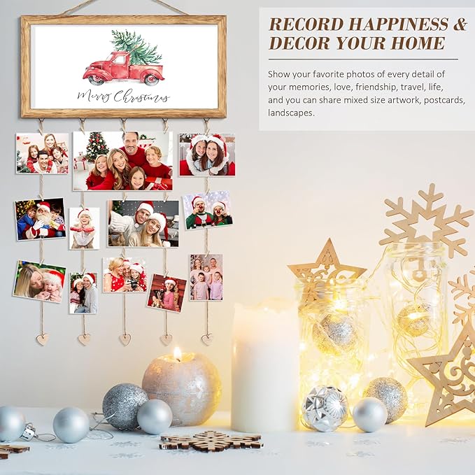 Wooden Family Christmas Card Display - Wall Hanging Sign & Photo Collage Holder for Living Room, Bedroom & Entryway