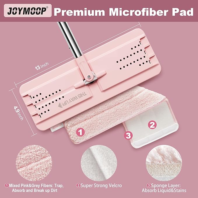 JOYMOOP Flat Mop, Microfiber Mops for Floor Cleaning, 60" Long Handle with Flexible 13" Flat Head, Pink