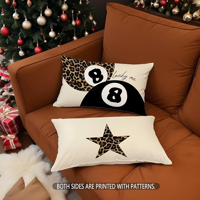 Preppy Pink Lucky 8 Ball Leopard Throw Pillow Covers 20x12,Cheetah Print Room Decor, Trendy Funky Y2K Leopard Print Motivational Decorative Pillow Covers for Girls Room Dorm Apartment，Set of 2