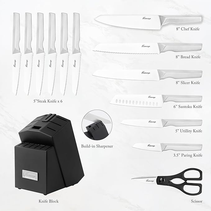 Kitchen Knife Set, Japanese Stainless Steel Knife Block Set with Built-in Sharpener, Sharp Knives with Non-slip Ergonomic Handle - Dishwasher Safe, Home Essential Gifts