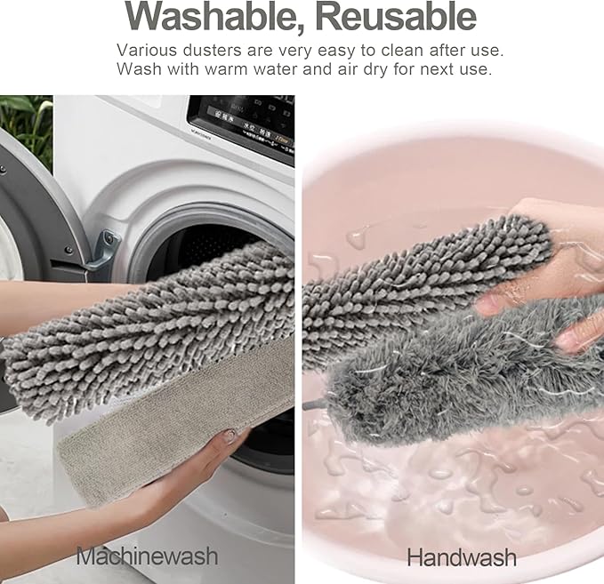 Dusters for Cleaning, 9 in 1 Kit 100” Feather Duster with Extension Pole, Retractable Bendable Washable, Cobweb Duster Chenille Gap Dust Brush Blind Duster for Cleaning High Ceiling Fans Furniture