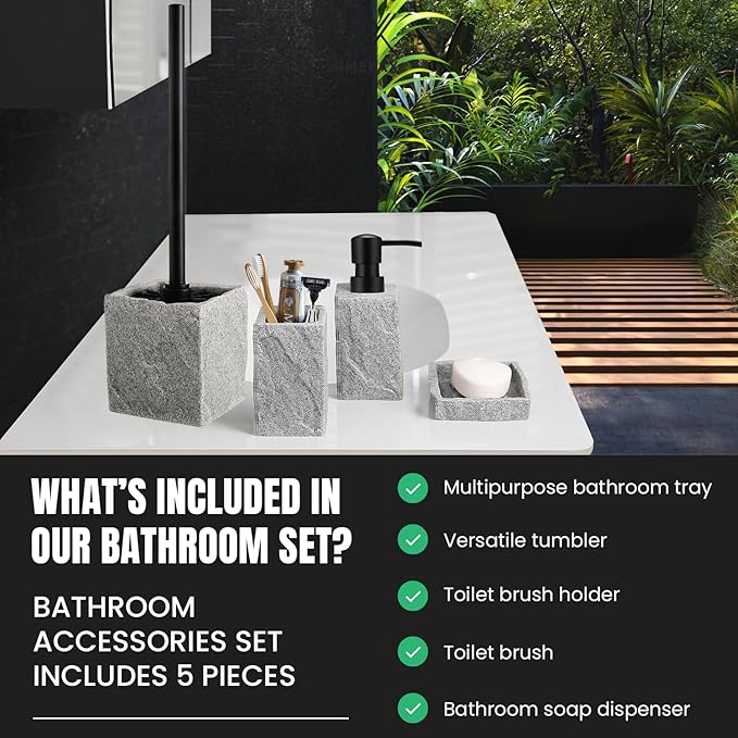 Bathroom Accessories Set - Soap Dispenser, Toothbrush Holder, Soap Dish, Toilet Brush & Toilet Brush Holder - Grey Stone Bathroom Accessories Set - Modern Bathroom Organizer Set (Black)