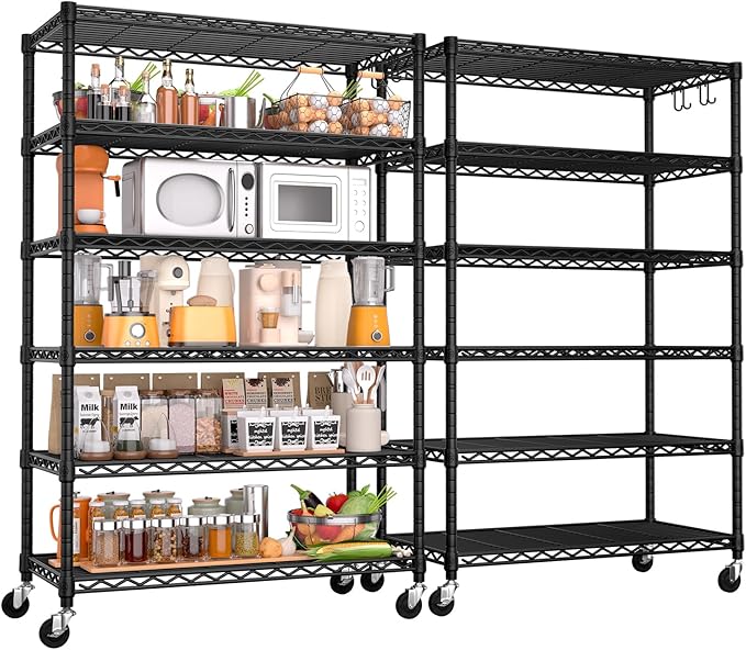 PrimeZone 6 Tier Wire Shelving with Wheels,Metal Shelf Heavy Duty Adjustable Kitchen Storage Shelves Unit, Pantry Organizer Rack Rolling for Garage Closet Laundry 36" W x 16" D x 79" H 2 Pack