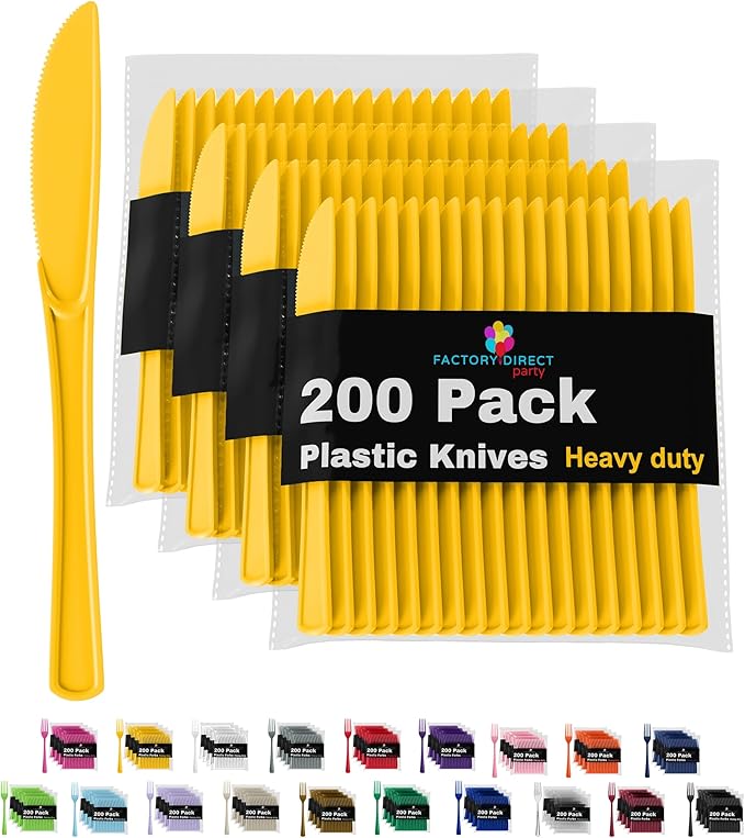Party Solids Yellow Plastic Knives 200 Pcs Yellow Knives Disposable Utensils Heavy Duty Plastic Cutlery Set Disposable Cutlery Sets Flatware Sets Silverware Set Party Supplies & Party Tableware
