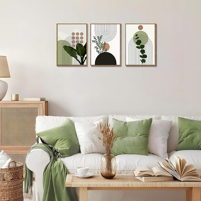 Bwodke Boho Wall Art, Framed Abstract Wall Art, Plant Canvas Wall Decor, Mid Century Line Leaf Geometric Pictures Set of 3, Minimalist Paintings, for Bedroom Living Room Bathroom 16"x24"