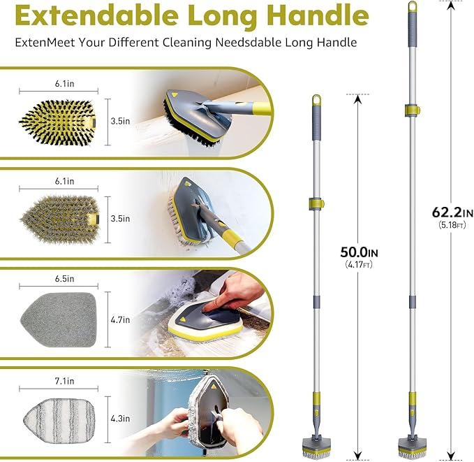 4 in 1Tile Tub Scrubber Brush | 62.2" Extendable Long Handle-Shower Cleaning Brush No Scratch Shower Scrubber for Cleaning Bathroom Kitchen Toilet Wall,Bathtub,Sink,Grey