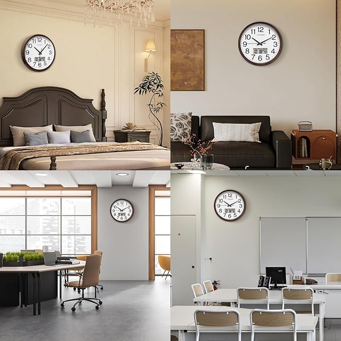 Wall Clock, Classic Wood Style Finish, 13 Inch Non-Ticking Silent Battery Operated Quartz Analog with Perpetual Calendar and F° Temperature Display, Home, Office Décor (Chestnut Brown)