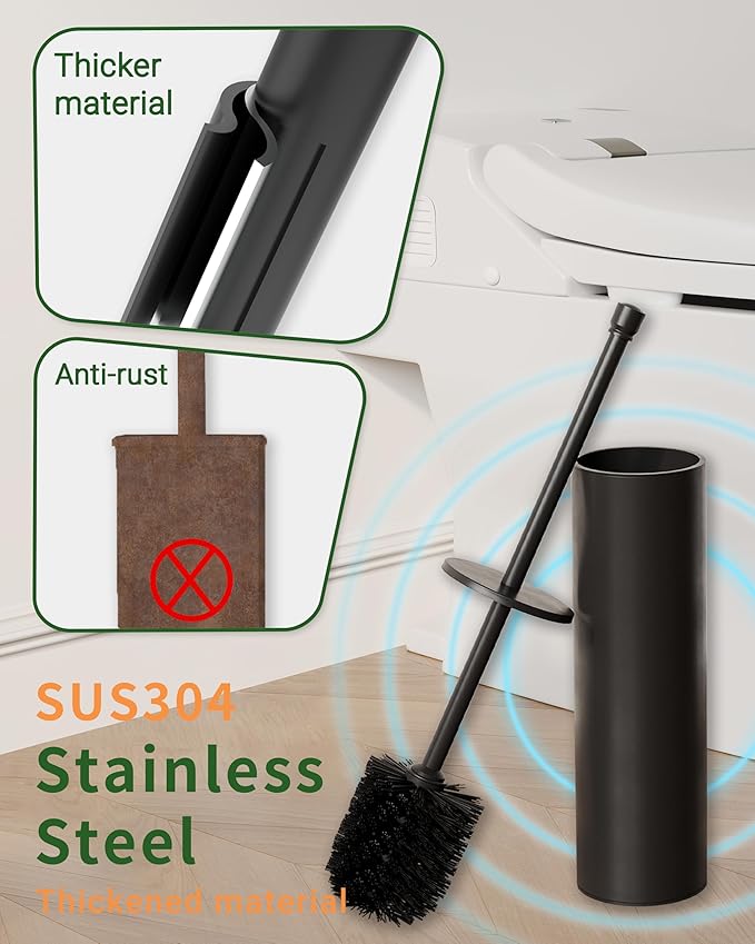 Toilet Brush and Holder Set, Toilet Bowl Brush for Bathroom with Long Handle, Stainless Steel Toilet Cleaner Brush with Durable Scrubbing Bristles,Splash-Proof (Matte Black)