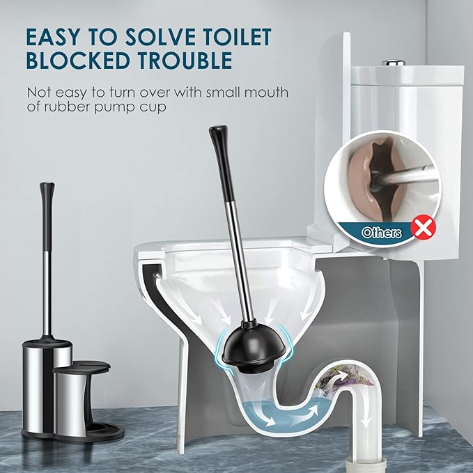Toilet Plunger Bowl Brush Set: Hideaway Heavy Duty Toilet Plunger Scrubber Cleaner Holder Combo for Bathroom with Covered Caddy Hidden Elongated Discreet Apartment Toilet Plunger Brush Accessories