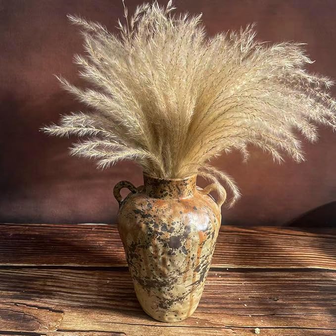 Rustic Pottery Ceramic Vase - Vintage Farmhouse Style Decor, White Grid Ceramic Vases for Home Decor, Modern Farmhouse Decor (Gray black)