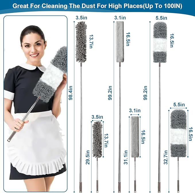 Microfiber Duster, 4PCS with Extension Pole(Stainless Steel) 30 to 100 Inches, Reusable Bendable Dusters, Washable Lightweight Dusters for Cleaning Ceiling Fan, High Ceiling, Blinds, Furniture, Cars