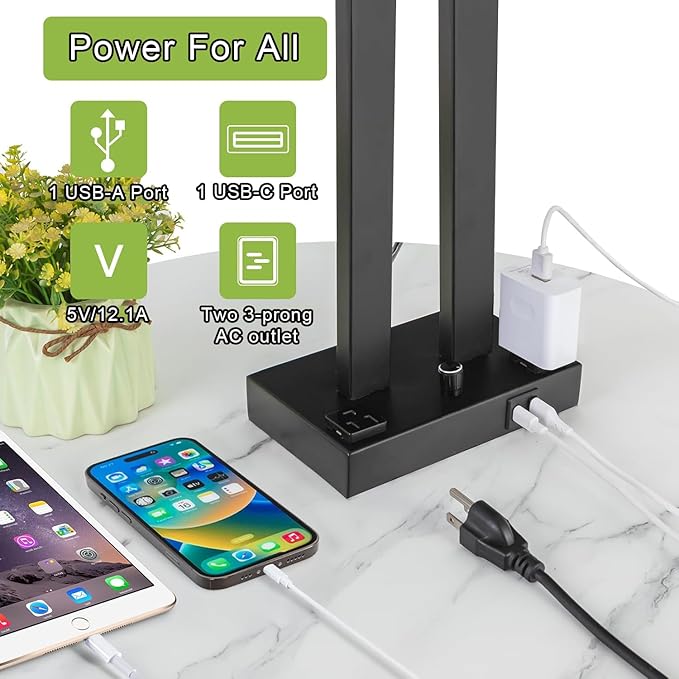 Modern Table Lamps Set of 2-22" Tall Bedside Lamps with USB-C/USB-A Charge Ports & Outlet, Stepless Dimmable Fabric White Shade Nightstand Lamps for Bedroom & Living Room