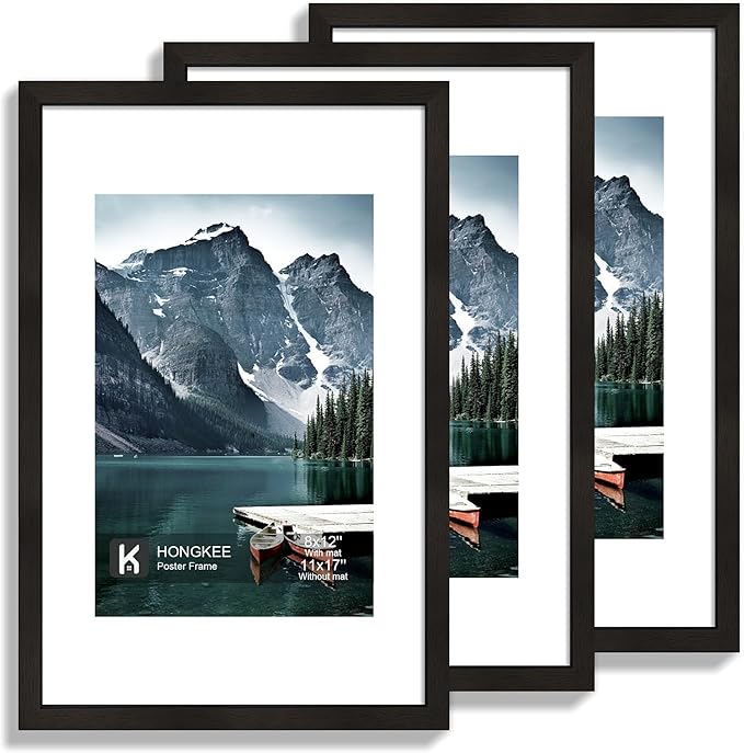 11x17 Picture Frame Set of 3 - Display 8x12 Photo with Mat or 11 x 17 Poster without Mat, Wall Mounting Horizontal and Vertical, Black