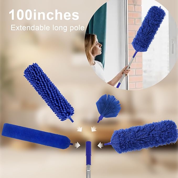 Dusters for Cleaning, 9 in 1 Kit 100” Feather Duster with Extension Pole, Retractable Bendable Washable, Cobweb Duster Chenille Gap Dust Brush Blind Duster for Cleaning High Ceiling Fans