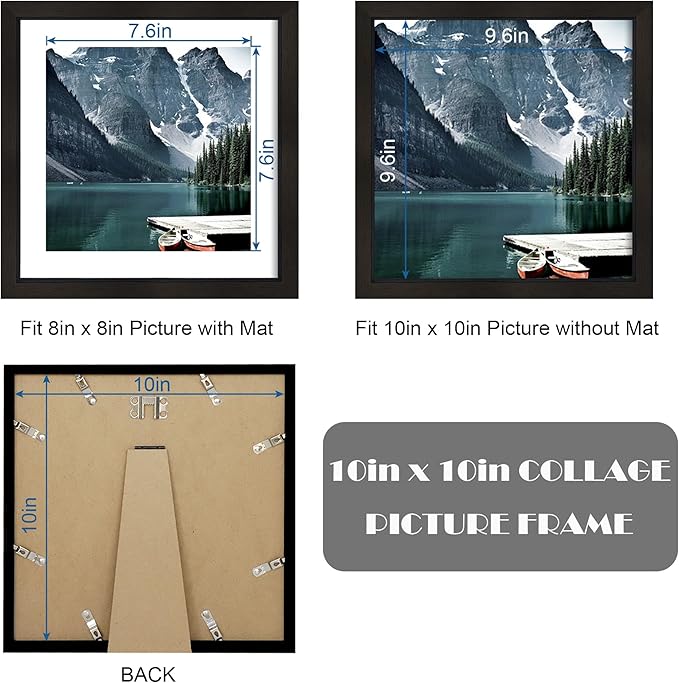 10x10 Black Picture Frames set of 3, Made of Wooden and Real Glass Square Photo frame - Displays 8x8 Picture With Mat or 10 x 10 Without Mat, Desktop & Wall Collage Frame set