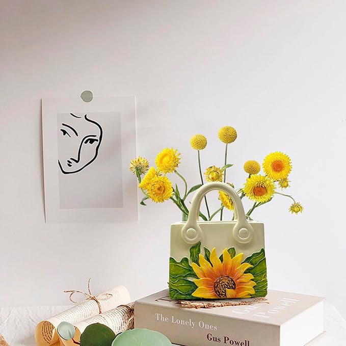 Small Purse Vase for Flowers - Sunflower Cute Mini Handbag Flower Vase for Organic Modern Table Centerpiece Decor, Unique Beige Resin White Vases for Party/Kitchen/Neutral/Bedroom