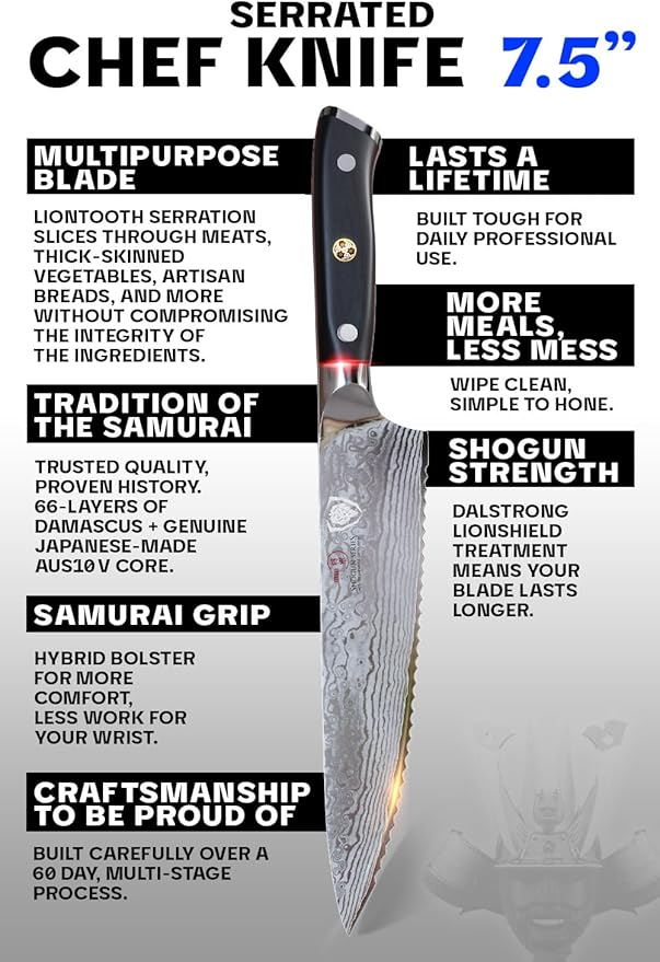 Dalstrong Serrated Chef Knife - 7.5 inch - Shogun Series Elite - Damascus - Japanese AUS-10V Super Steel - Razor Sharp Chef's Knife - Black G10 Handle - w/Sheath