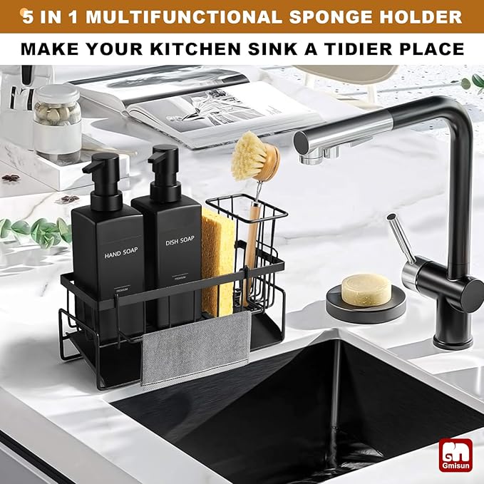 GMISUN Dish Soap Dispenser, 12 fl oz / 350 ml Dual Kitchen Soap Dispensers with Sponge Holder, Customized Matte Black Kitchen Soap Dispenser Set, Modern Hand and Dish Soap Bottle Set Removable