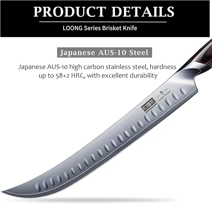 HOSHANHO Carving Slicing Knife, 12 Inch Japanese High Carbon Steel Brisket Knife with Ergonomic Pakkawood Handle, Razor Sharp Curved Butcher Breaking Knives for Meat Cutting