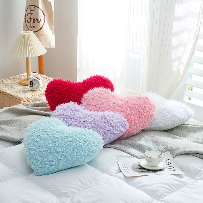 Purple Heart Pillow, Fluffy Heart Throw Pillow with Pillow Cover and Insert, Soft Faux Fur, Decorative Design for Mothers Day,Valentine's Day (Purple Heart Shape-15.7X15.7Inches)