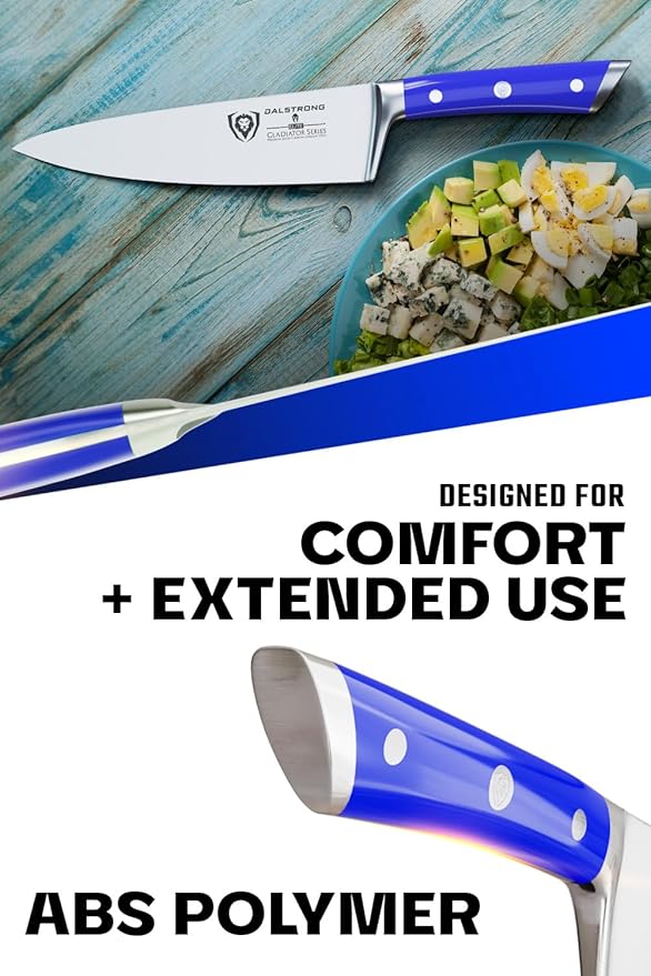 DALSTRONG Chef Knife - 8 inch Blade - Gladiator Series - Forged High Carbon German Steel - Razor Sharp Kitchen Knife - Professional Full Tang Knives - Blue Handle ABS - Sheath - NSF Certified