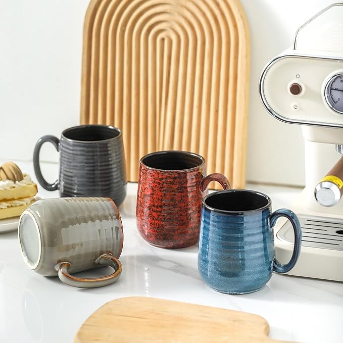 Hasense Coffee Mugs Set of 4, 12 Oz Stoneware Coffee Cups with Large Handle, Colorful Rustic Mug Set for Coffee, Tea, Coco, Latte, Dishwasher and Microwave Safe