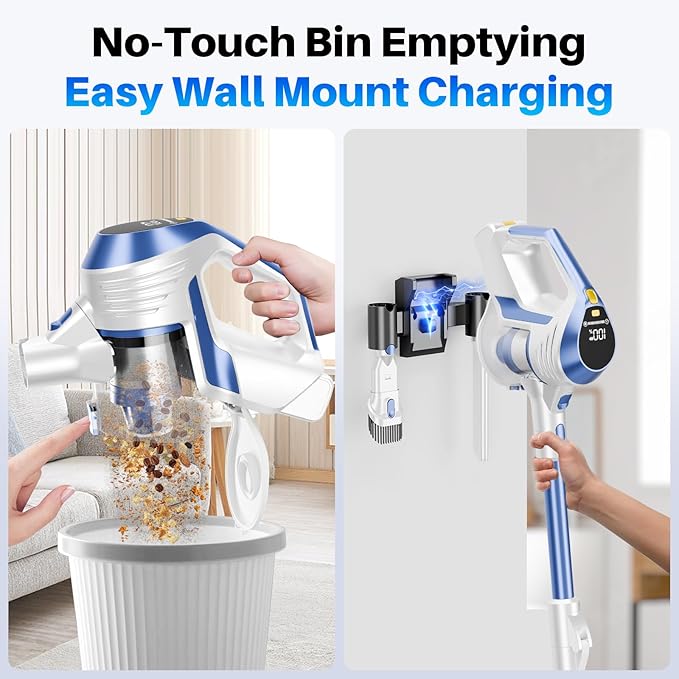 Cordless Vacuum Cleaner - Powerful, 45Kpa Home Stick Vacuum, 180°Bendable Wand & Removable Battery, Up to 50 Mins, 8 in 1 Self-Standing Vacuum, Wall Mount Charging for Hardfloor, Carpet Blue