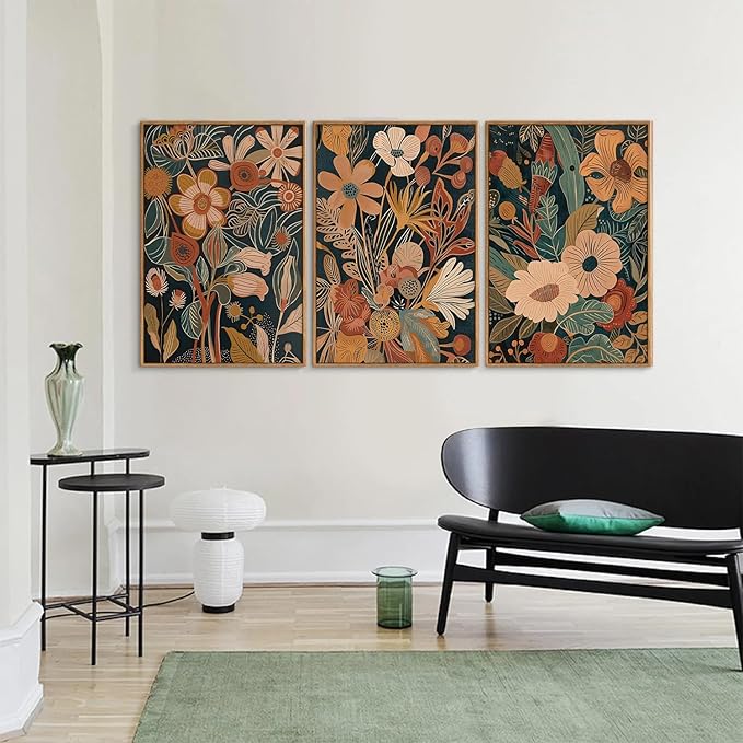 Tinonedraw Vintage Burnt Orange Floral Framed Canvas Wall Art Set of 3, Boho Chic Flower Artwork, Mid Century Modern Plant Wall Decor, Colorful Neutral Botanical Art Prints for Bedroom Living Room Office 16"x24"