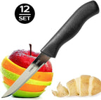 Paring and Garnishing Knife, 12-Piece Set, Knives with Straight Edge 3 Inch Blade, Stainless Steel, Spear Point, Fruit and Vegetable Cutting and Peeling, Black