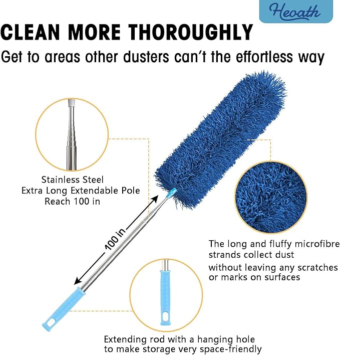 Microfiber Feather Duster with Extendable Pole, 100 inches Extra Long Cobweb Duster for Cleaning, Bendable Head, Non-Scratch, Washable Duster for Ceiling, Fan, Furniture Blue