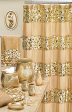 Zahari Home 13pc Sinatra Bathroom Shower Curtain Set - Gold Curtain & 12 Champagne Hooks - Luxury Fabric Bling Unique Beautiful Set