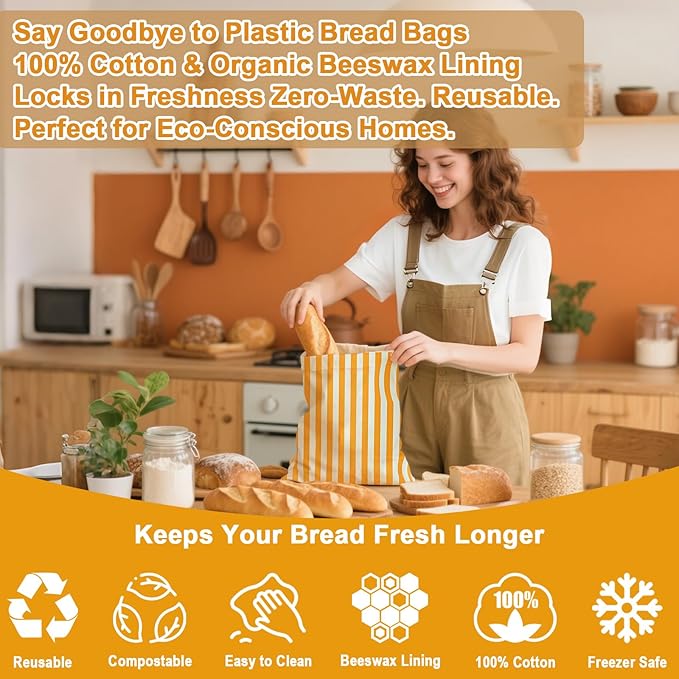 2 Pack Reusable Beeswax Bread Bag for Sourdough & Homemade Bread with Zipper– Beeswax Lined Bread Bags, Plastic-Free Sourdough Bread Storage, Autumn Pumpkin Design for Thanksgiving & Fall Baking