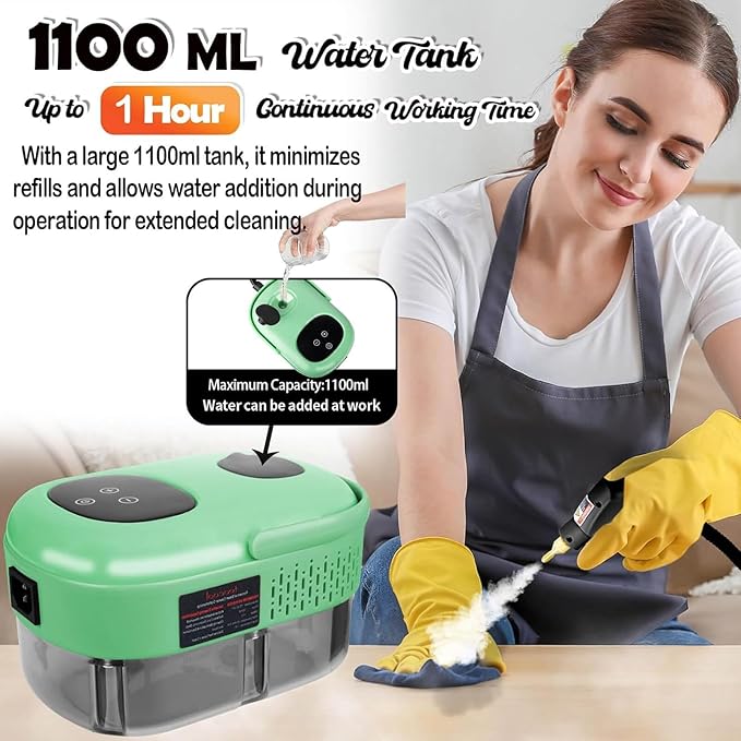 Touchscreen Steam Cleaner 1100ML 2500W High Temperature Pressure Handheld Steam Cleaning Machine with Brush Heads and Gloves 7 in 1 for Car Floor Kitchen Bathroom Window Furniture (Green)