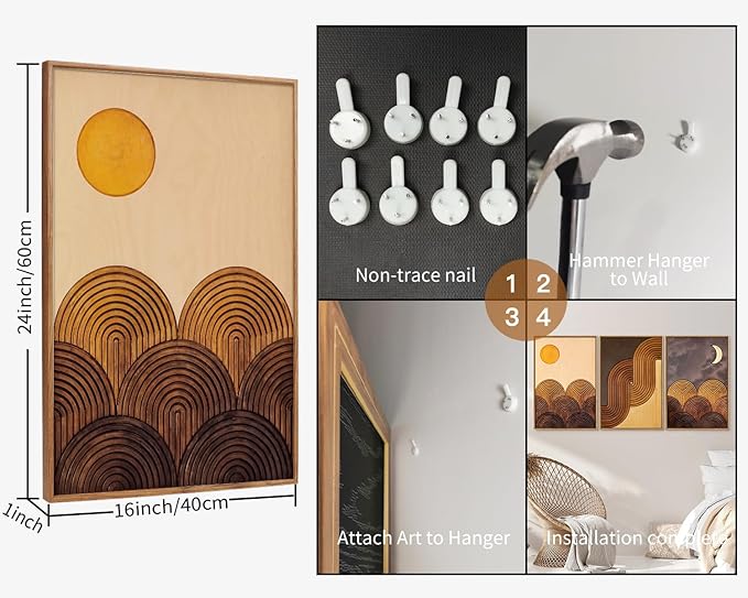 Tinonedraw Boho Mountain Framed Canvas Wall Art Set, Mid Century Modern Geometric Line Wall Decor, Bohemian Sun and Moon Art Paintings, Beige Brown Wooden Artwork for Living Room Bedroom Office 16"x24"x3