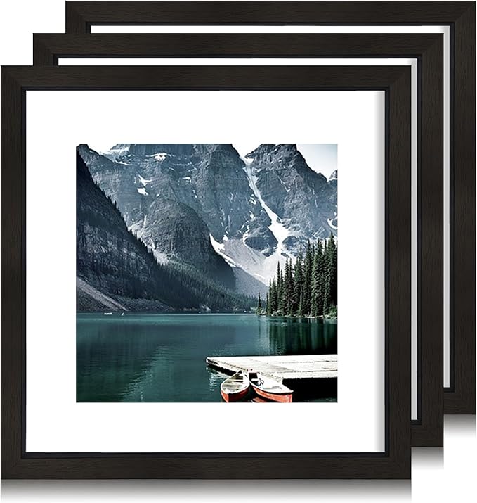 11x11 Black Picture Frame set of 3, Made of Wooden Square Photo frame - Displays 8x8 Picture With Mat or 11 x 11 Without Mat, Desktop and Wall Mounting Collage Frame set