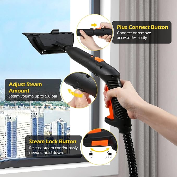 Dyna-Living Steam Cleaner 1800W Multipurpose Steam Cleaner for Home 5 bar Steamer Cleaner for Car Detailing 320°F High Temperature High Pressure Steamer for Carpets Floor with 2.1 L Inner Water Tank