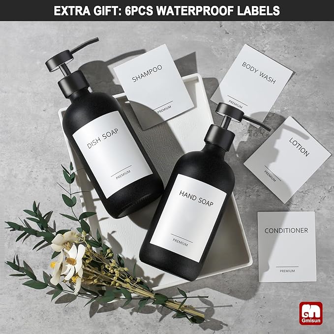 GMISUN Black Soap Dispenser, 2 Pack Matte Black Hand Soap Dispensers for Bathroom, 17 Fl Oz Glass Dish Soap Dispenser for Kitchen with Stainless Steel Pump, Modern Liquid Soap Bottle Set