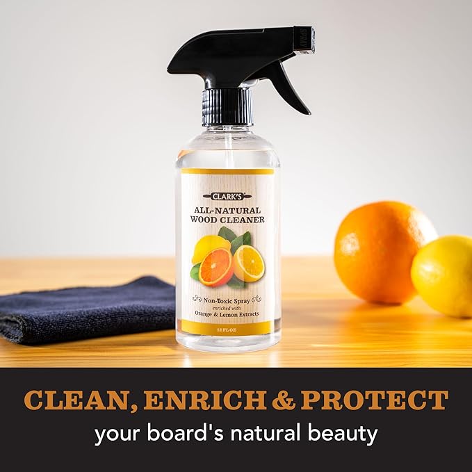 CLARK'S Natural Cutting Board Spray Cleaner, with Microfiber Cloth, for Wood Countertop – Pure Ingredients Filtered Water, Distilled Vinegar, Castile Soap, Lemon & Orange Citrus Oil Extracts, 12oz