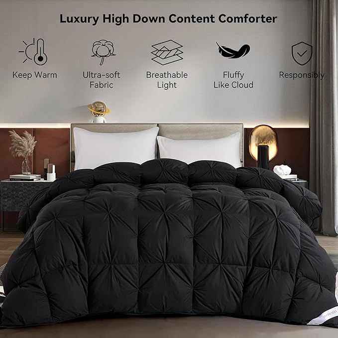 SNOWMAN Premium Down Comforter Cal King Size, Luxurious All Season Duvet Insert with Cotton Blended Fabric, 44oz Fill Weight Pinch Pleat Design Hotel Bedding Comforter (Black,108"x98")