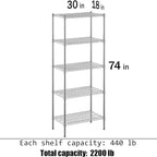 18" Deep x 30" Wide x 74" Height Wire Shelving Kit | 5-Tier | NSF Commercial Storage Rack Unit