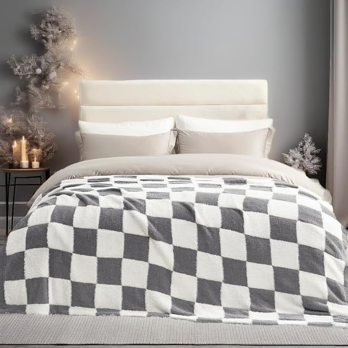 Snuggle Sac Faux Fur Checkered Blanket Twin Size with Soft Knitted Microfiber Fabric,Cozy Soft Warm Blanket for Sofa Bedroom Living Room,Grey Checker,60x80 inches