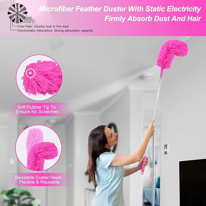Microfiber Dusters for Cleaning, Feather Dusters with Extension Pole, Bendable & Washable Dusters for High Ceiling Fan, Blinds, Cars, Furniture, Cleaning Tools Kit Pink Gift for Women (15 PCS)