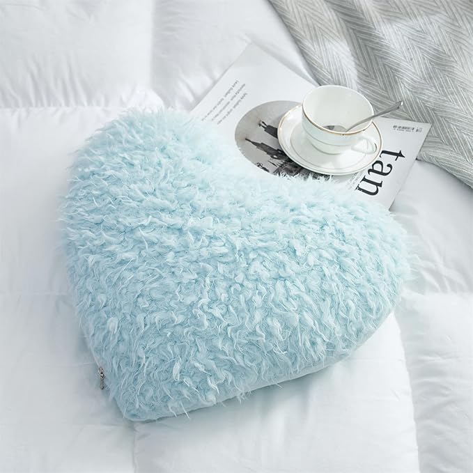 MOOWOO Fluffy Heart Throw Pillow with Pillow Cover and Insert, Shaggy Faux Fur, Decorative Design for Indoor and Outdoor, (Blue, Heart Shape-15.7X15.7Inches)