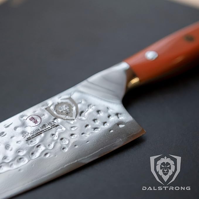 Dalstrong Chef Knife - 8 inch Blade - Shogun Series - Japanese AUS-10V Super Steel Kitchen Knife - Flame Orange Handle ABS - Damascus - Razor Sharp Knife - Professional Full Tang Knives - Sheath
