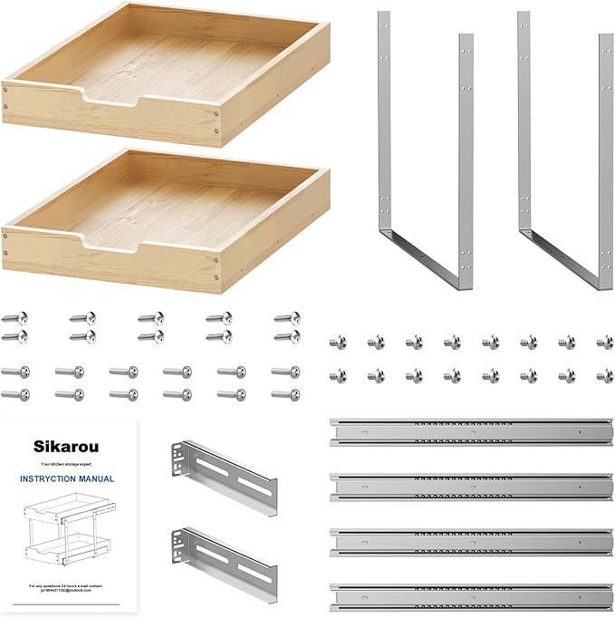 Wood Pull Out Cabinet Organizer 2 Tie 26" W x 21" D, Heavy-Duty Sliding Drawers for Inside Cabinets Storage and Organization for Kitchen, Pantry, Bathroom