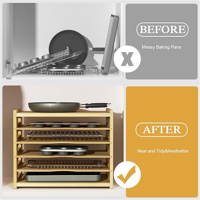 6 Tier Wooden Cabinet Tray Dividers, Kitchen Vertical Tray Divider Organizer, Storing pans, Baking trays, Cutting Board