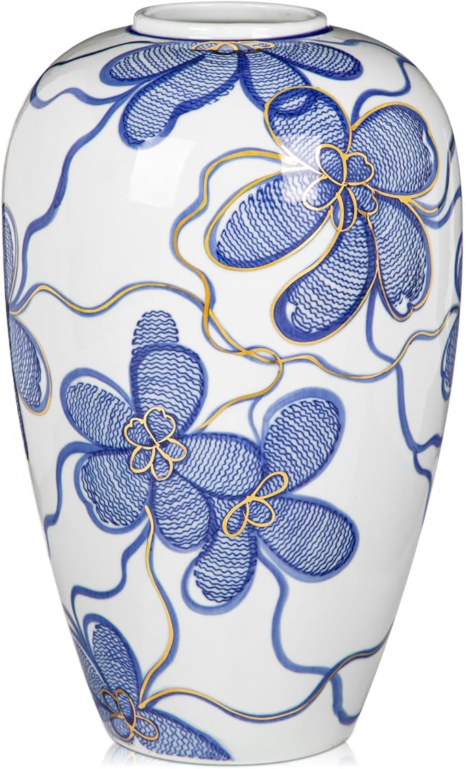 Blue and White Ceramic Vase for Home Decor – Hand-Painted Porcelain Flower Vase with Gold Accents – Chinoiserie-Inspired Home Decor Vase – 11" for Table, Shelf, or Mantel