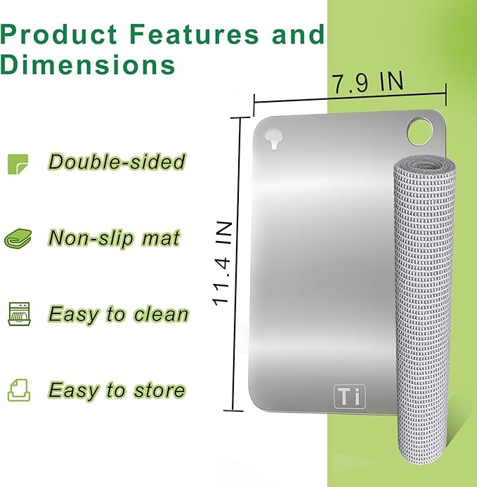 100% Pure Titanium Cutting Board– Double-Sided Metal titanium Cutting Boards for Kitchen, Food-Grade Certified, Dishwasher Safe – Small Titanium Cutting Board 11.4"x7.9" – Gift-Ready