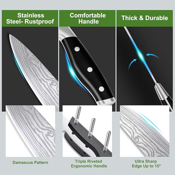 Knife set, 23 Pcs Kitchen Knife Set with Block and Sharpener Rod, High Carbon Stainless Steel Chef knife set for kitchen, Ultra Sharp, Full-Tang Design